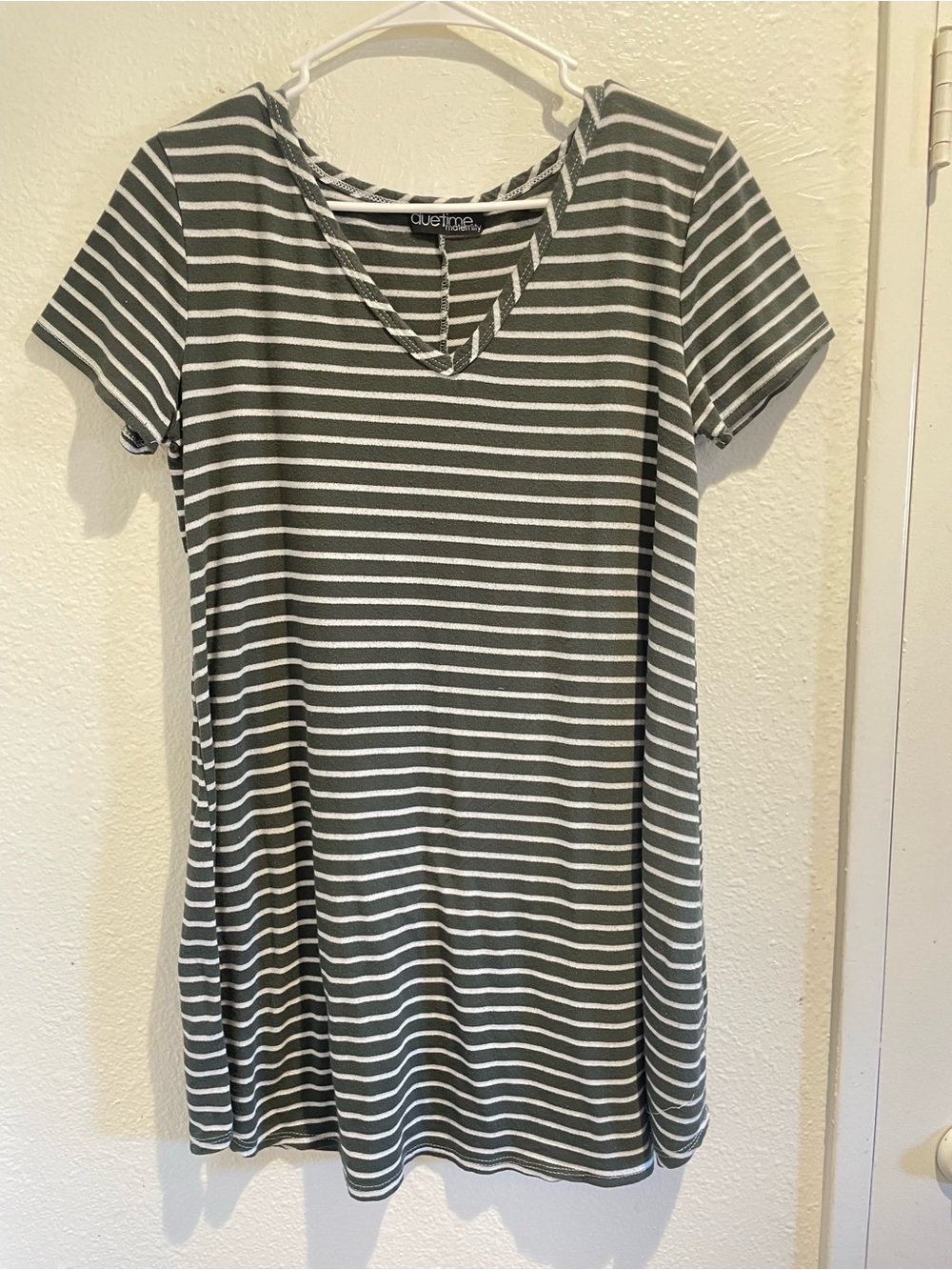 🤰 Due Time Olive Green Striped Maternity T-Shirt Dress M 🇺🇸